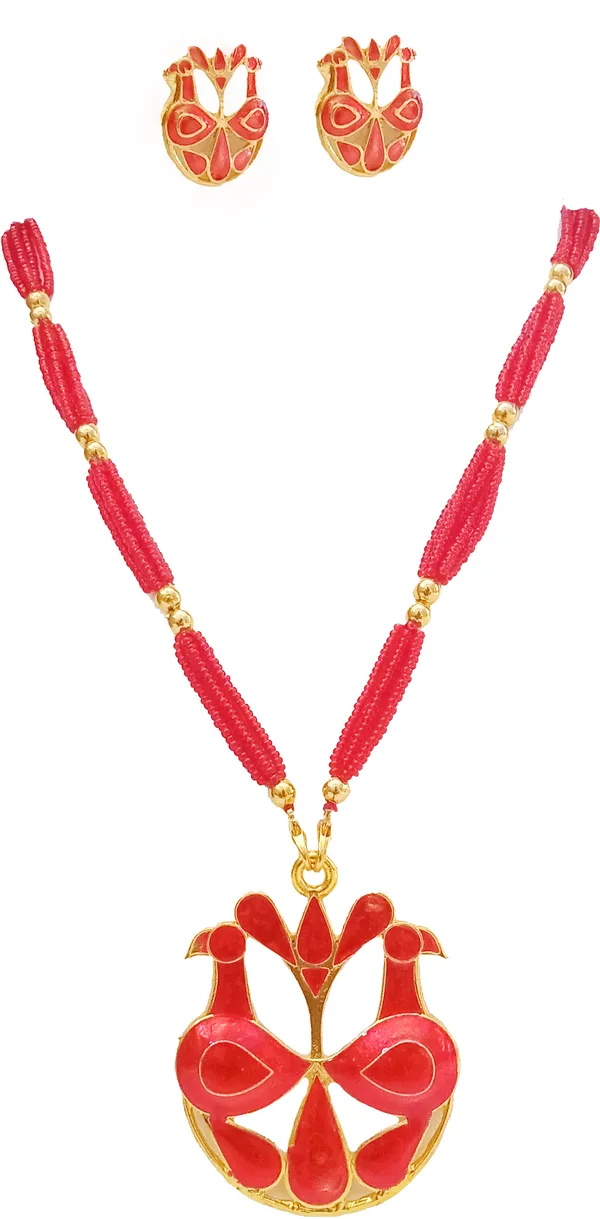 Assamese_Traditional_Gold_Plated_Red_Colour_Lokapara_Tassel_Pendant_Set_For_Women_&_Girl